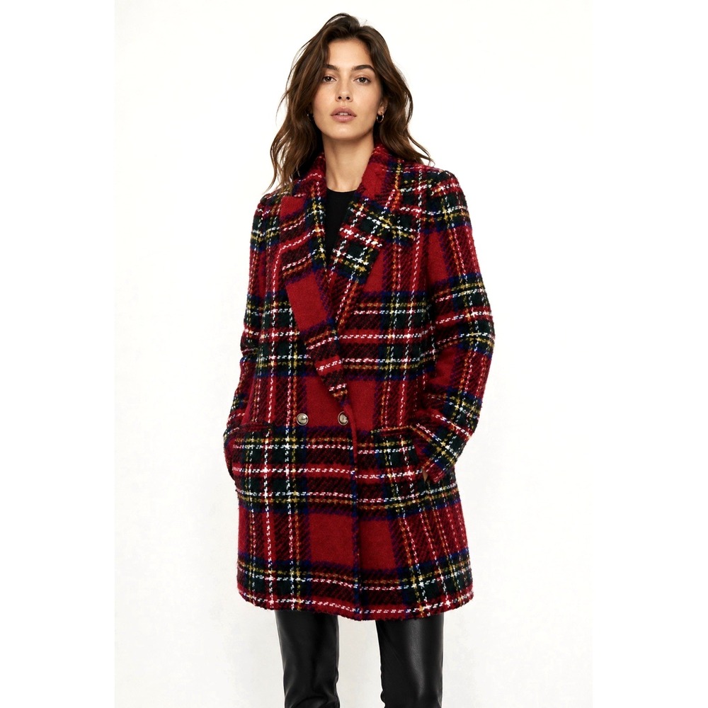 NEW! Zara Tweed Tartan Plaid Wool Blend Double Breasted Coat Red SZ S